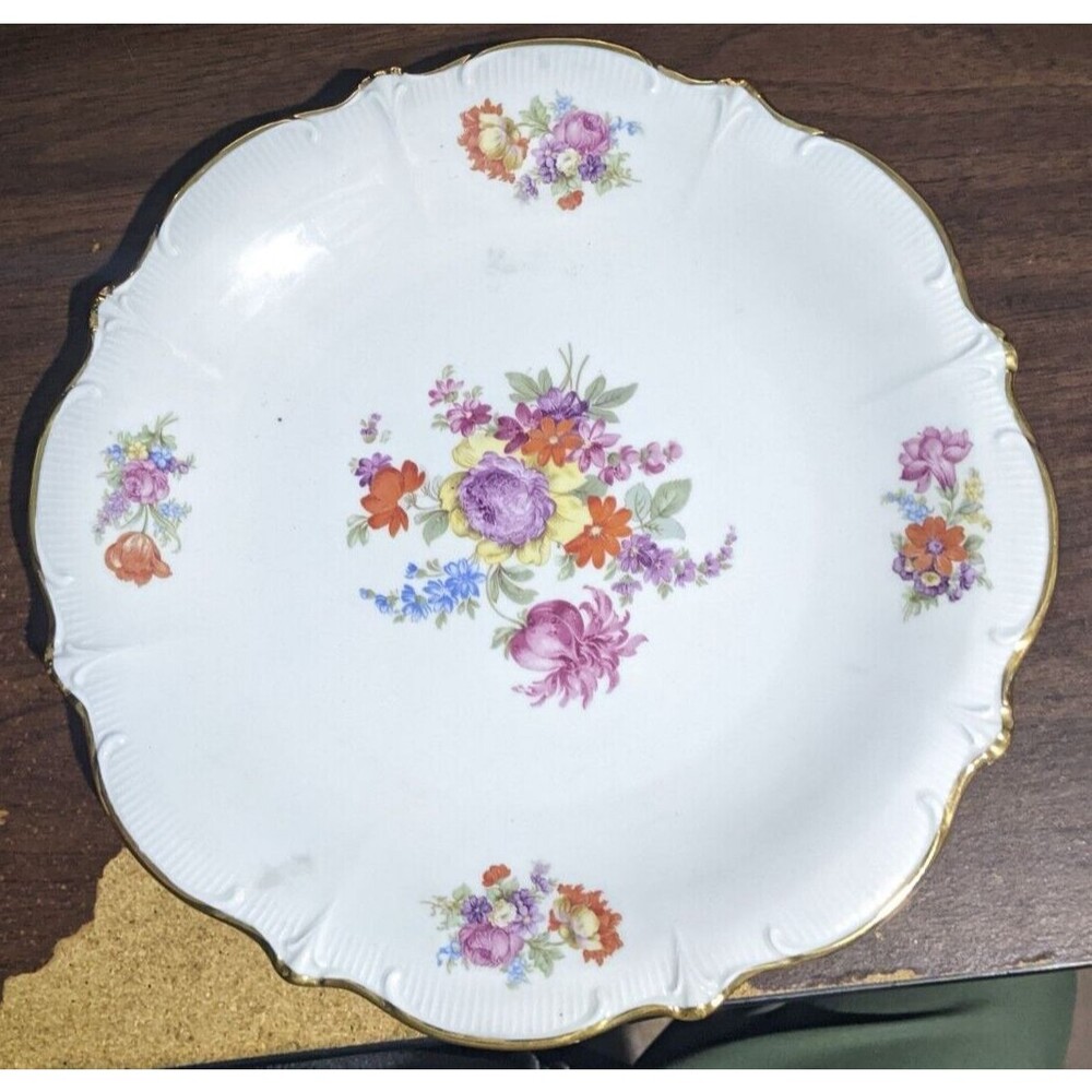 Vintage Bavaria Fine China 12" Round Serving Dish ~ Floral Design & Gold Trim